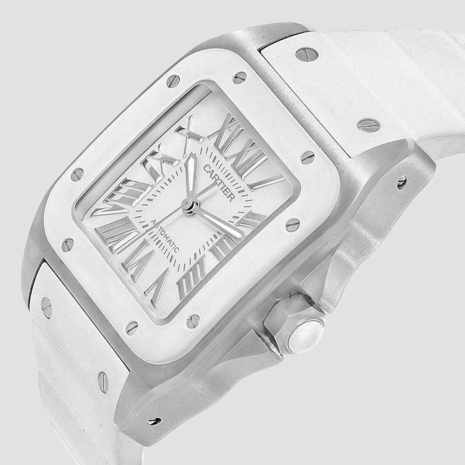 Santos 100 White Rubber Strap Steel Ladies Watch