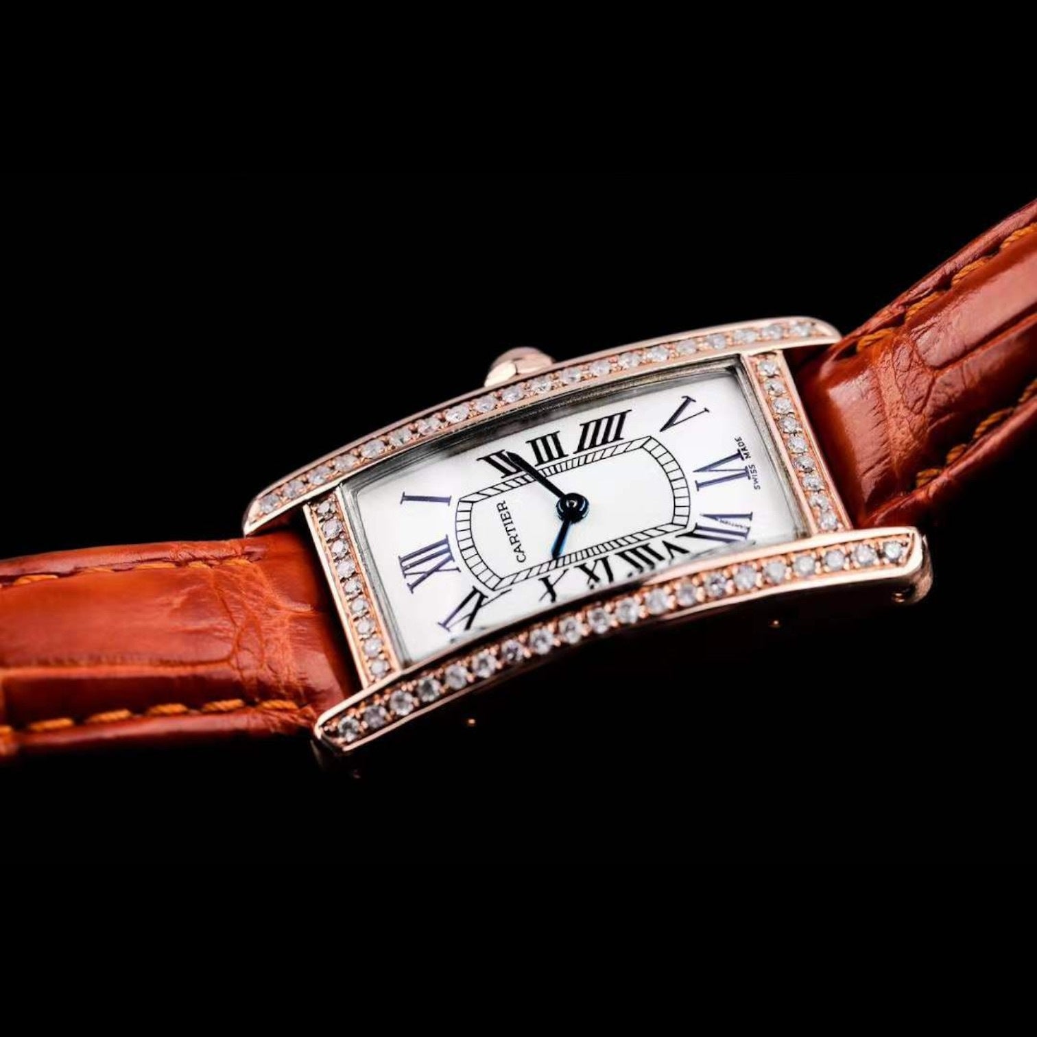 Tank Américaine Small 18K Rose Gold Custom Diamonds 2503 Quartz
