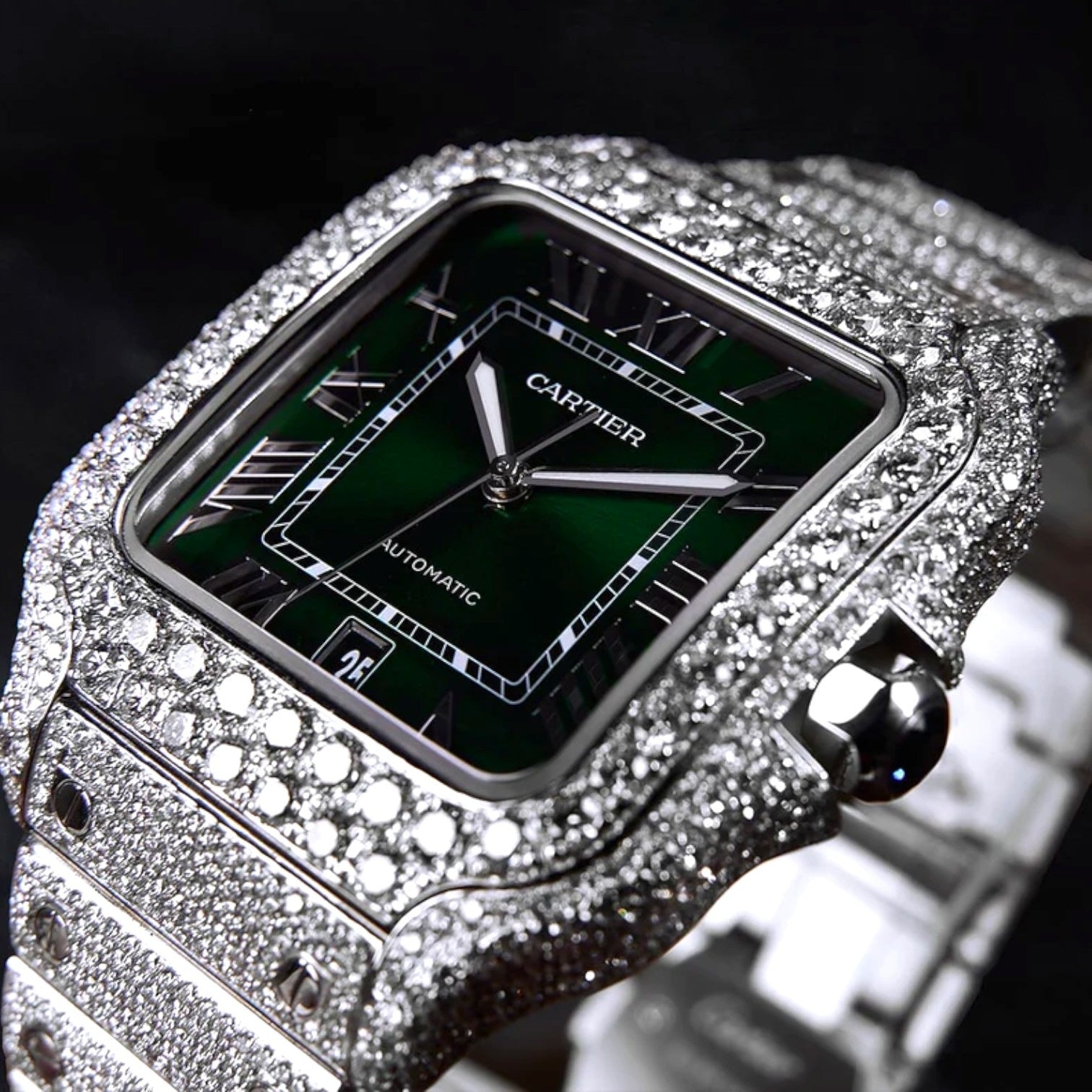 Santos Large – Steel – Custom Diamond-Set with Green Dial Iced Out