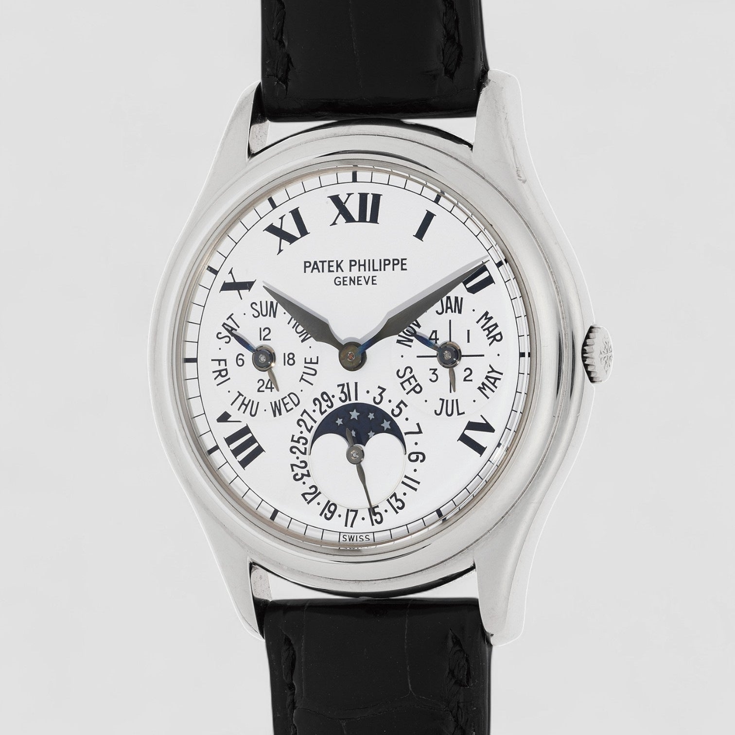 Perpetual Calendar White Roman Dial 18K White Gold