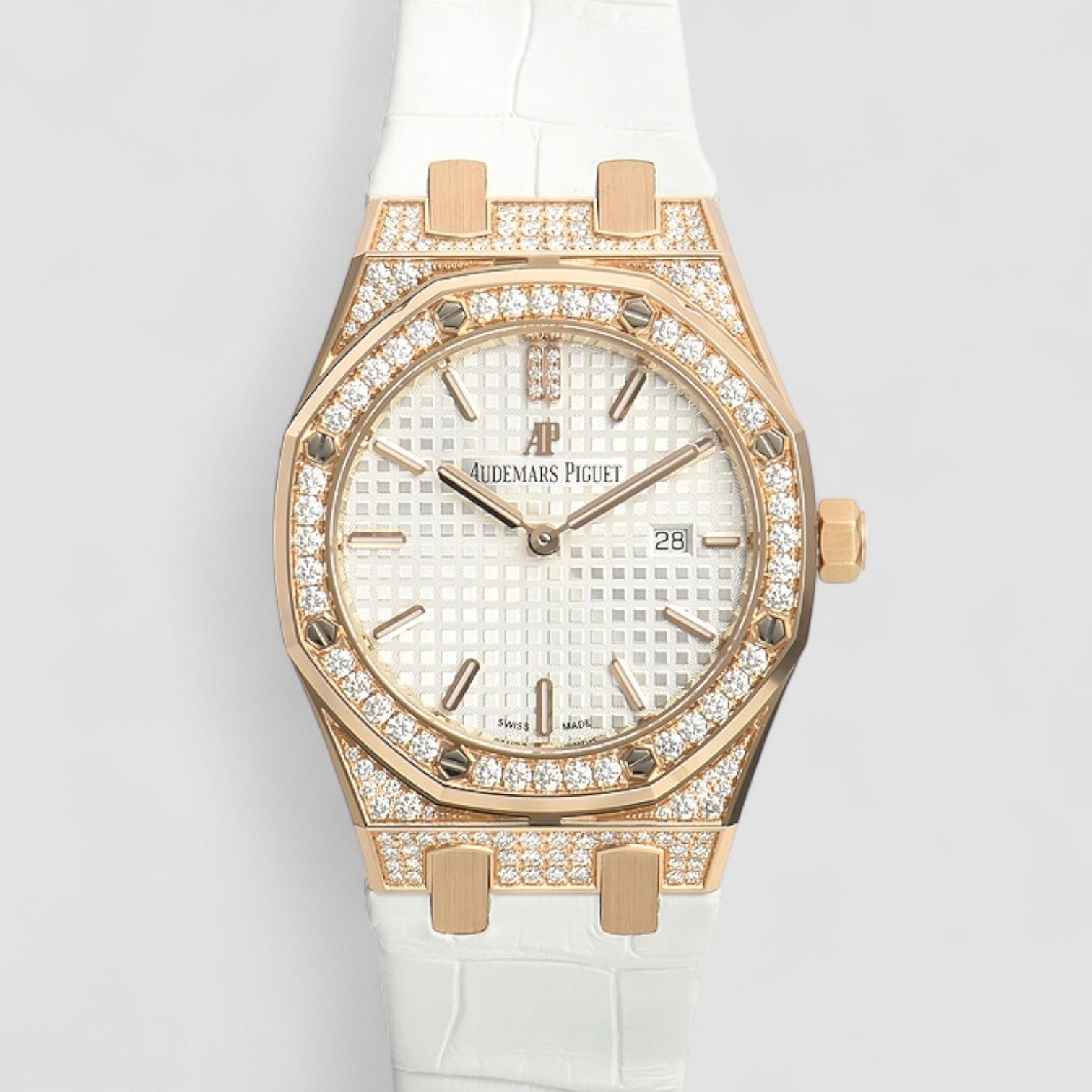 Royal Oak Quartz Ladies Rose Gold Silver Index Diamond Bezel 33mm
