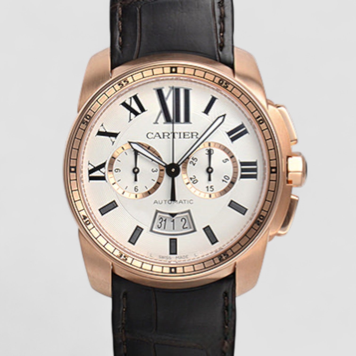 Calibre Silver Dial Rose Gold Chronograph Mens Watch