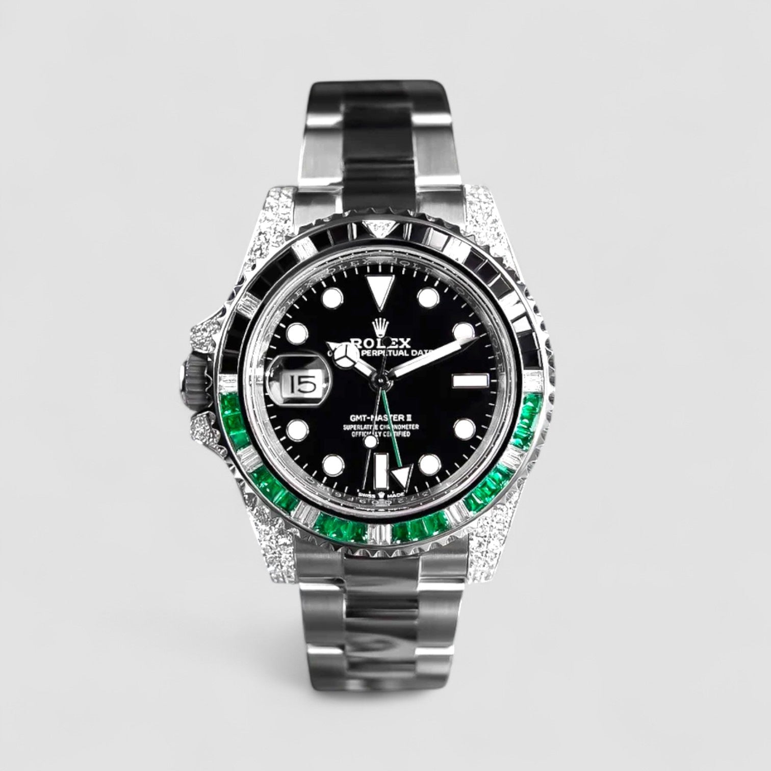 GMT-Master II 40 mm – "Sprite" Custom Diamond-Set with Green/Black Gemstone Iced Out