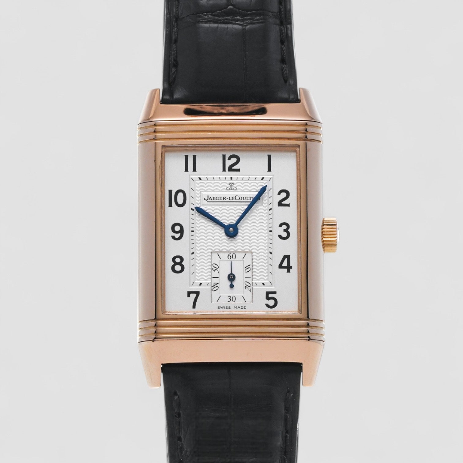 Reverso Grande Taille Silver Dial Black Leather Men's Watch