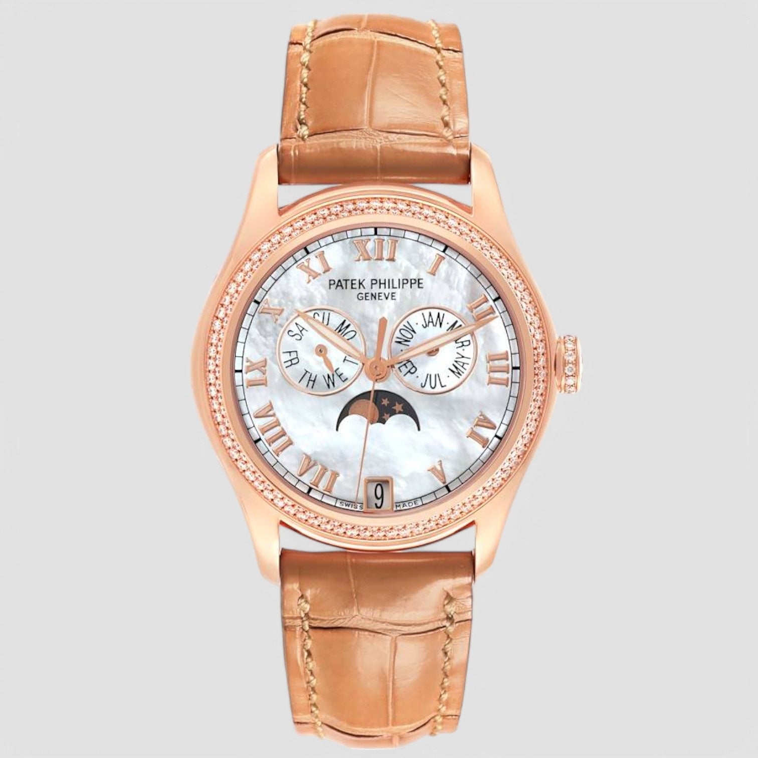 Annual Calendar Rose Gold Mother of Pearl Diamond Mens Watch