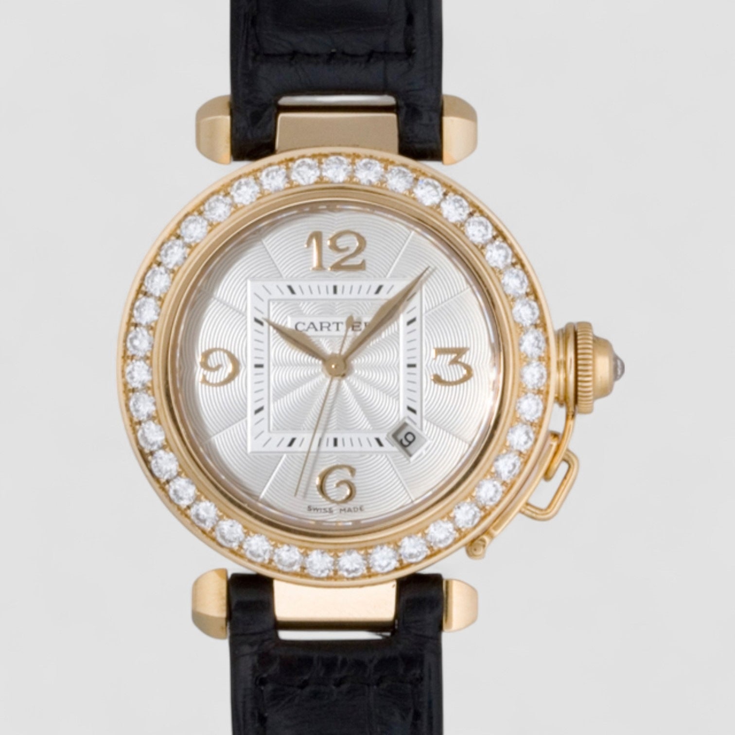 Pasha YG Diamond Bezel Black Leather Silver 32mm