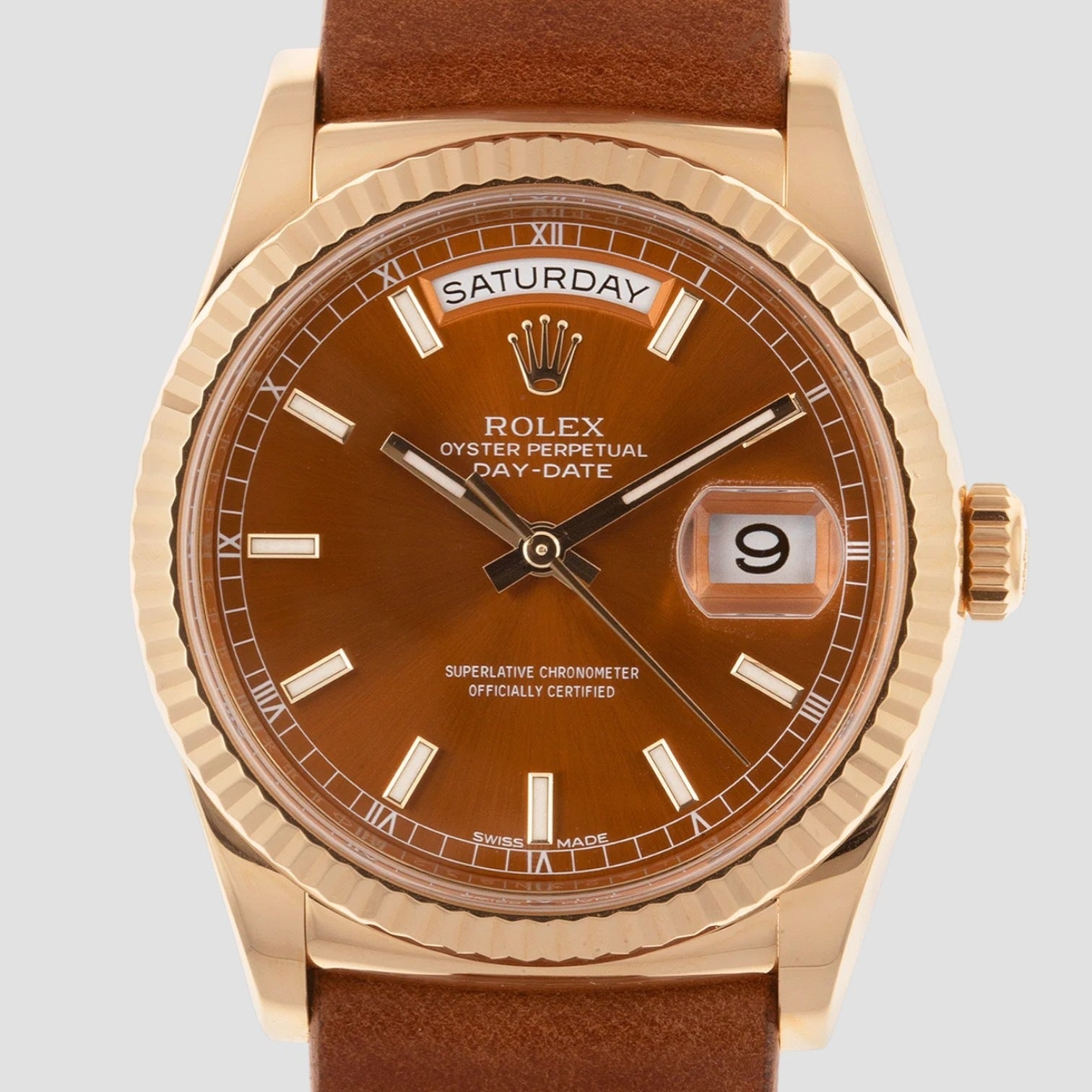 Day Date Cognac Dial 18K Yellow Gold Leather Men's Watch