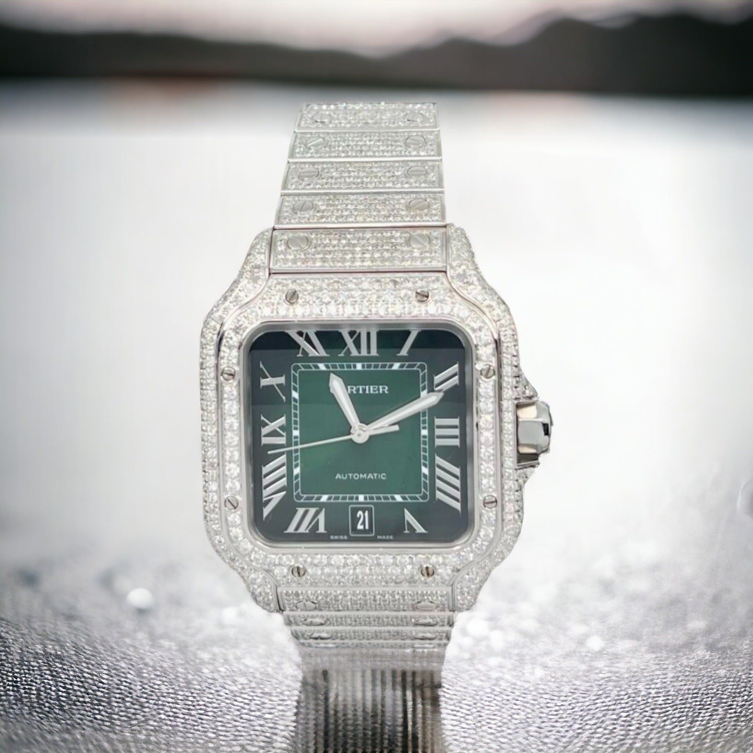 Cartier Santos De Cartier Iced Out Diamond – Roman Green Dial