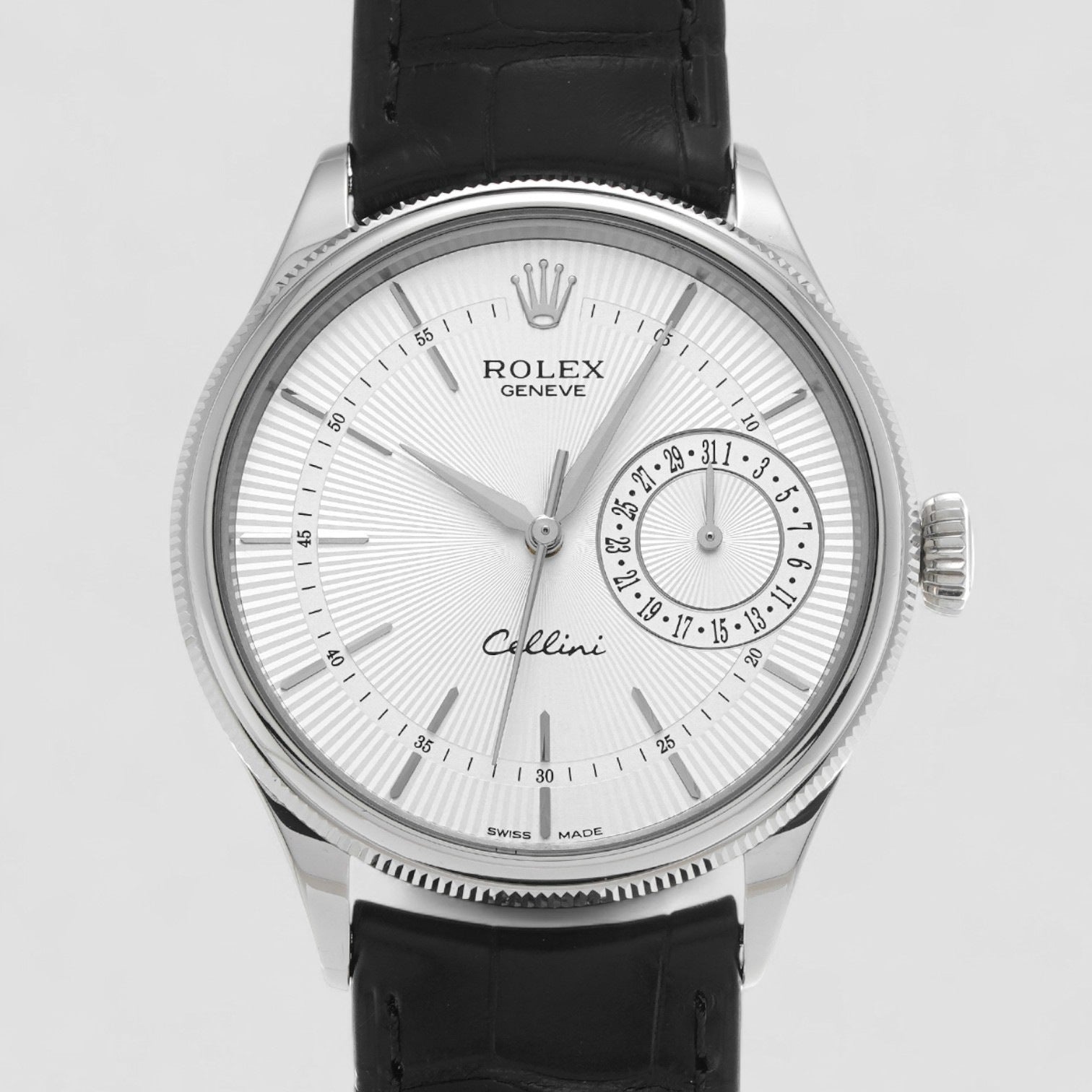 Cellini Date White Gold Silver Guilloche Index Dial