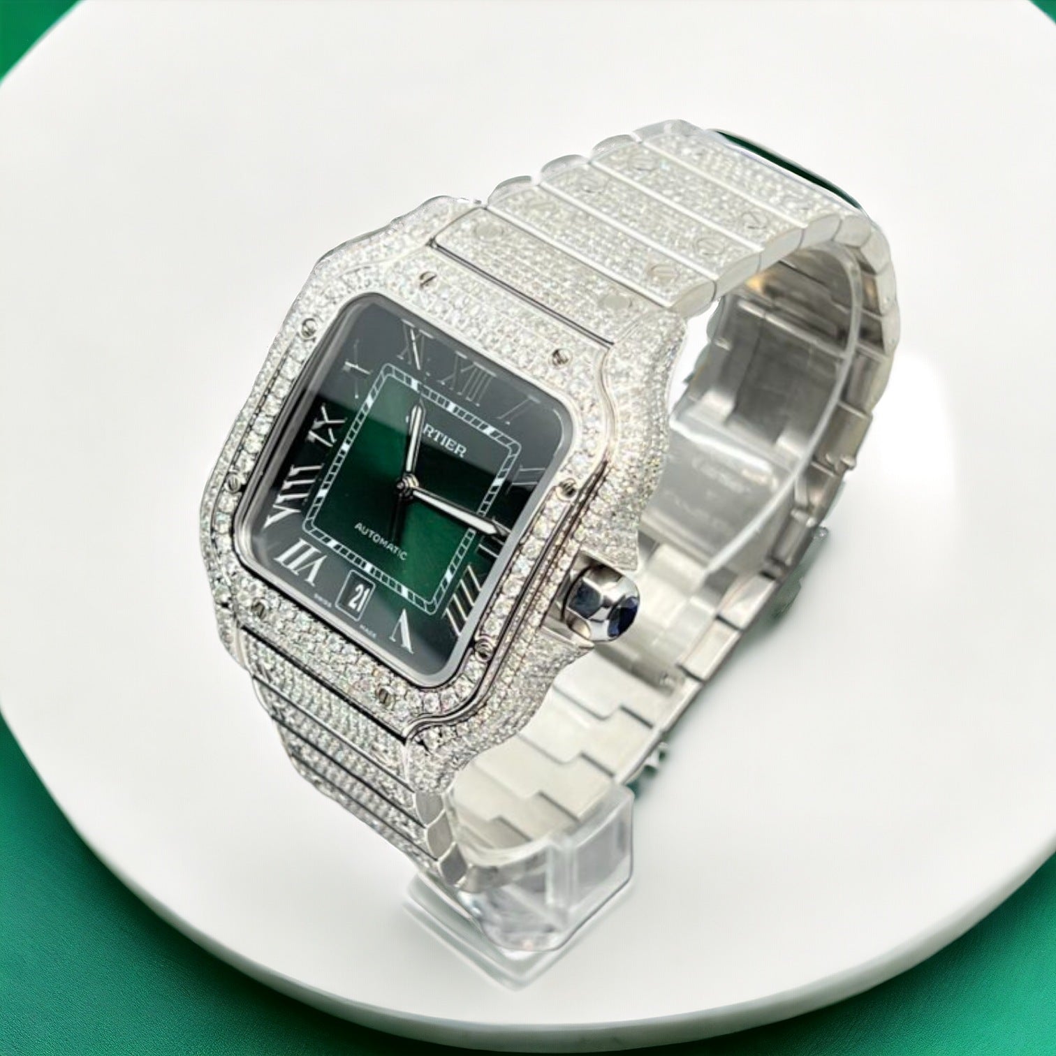 Cartier Santos De Cartier Iced Out Diamond – römischgrünes Zifferblatt