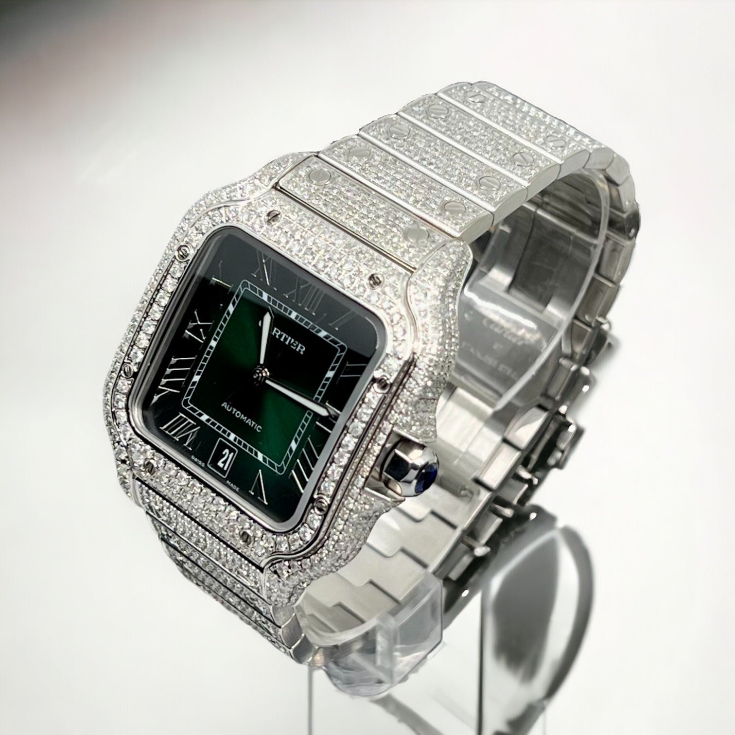 Cartier Santos De Cartier Iced Out Diamond – römischgrünes Zifferblatt