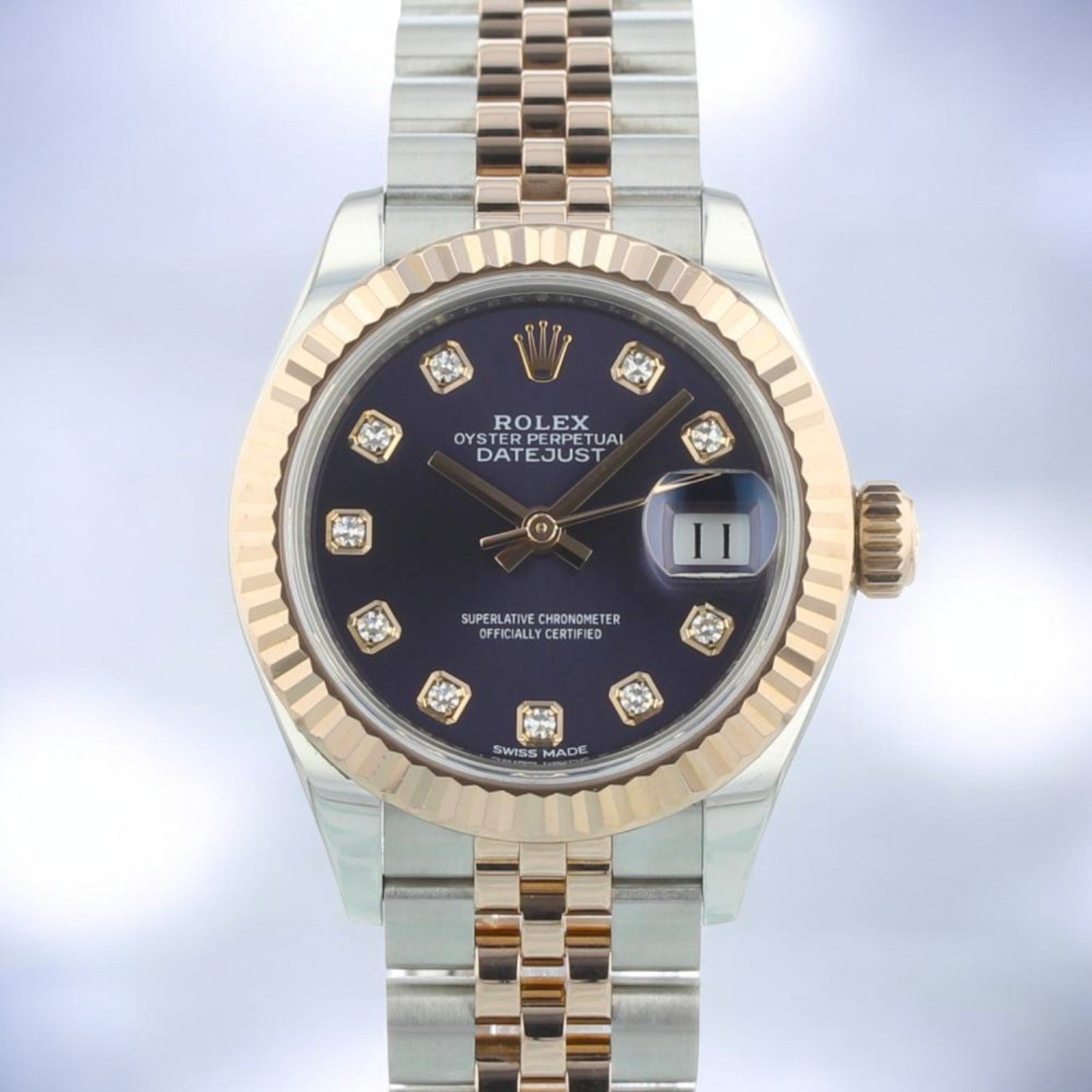 DATEJUST 28mm EVEROSE GOLD / STEEL IN JUBILEE BRACELET AUBERGINE PURPLE DIAMOND DIAL