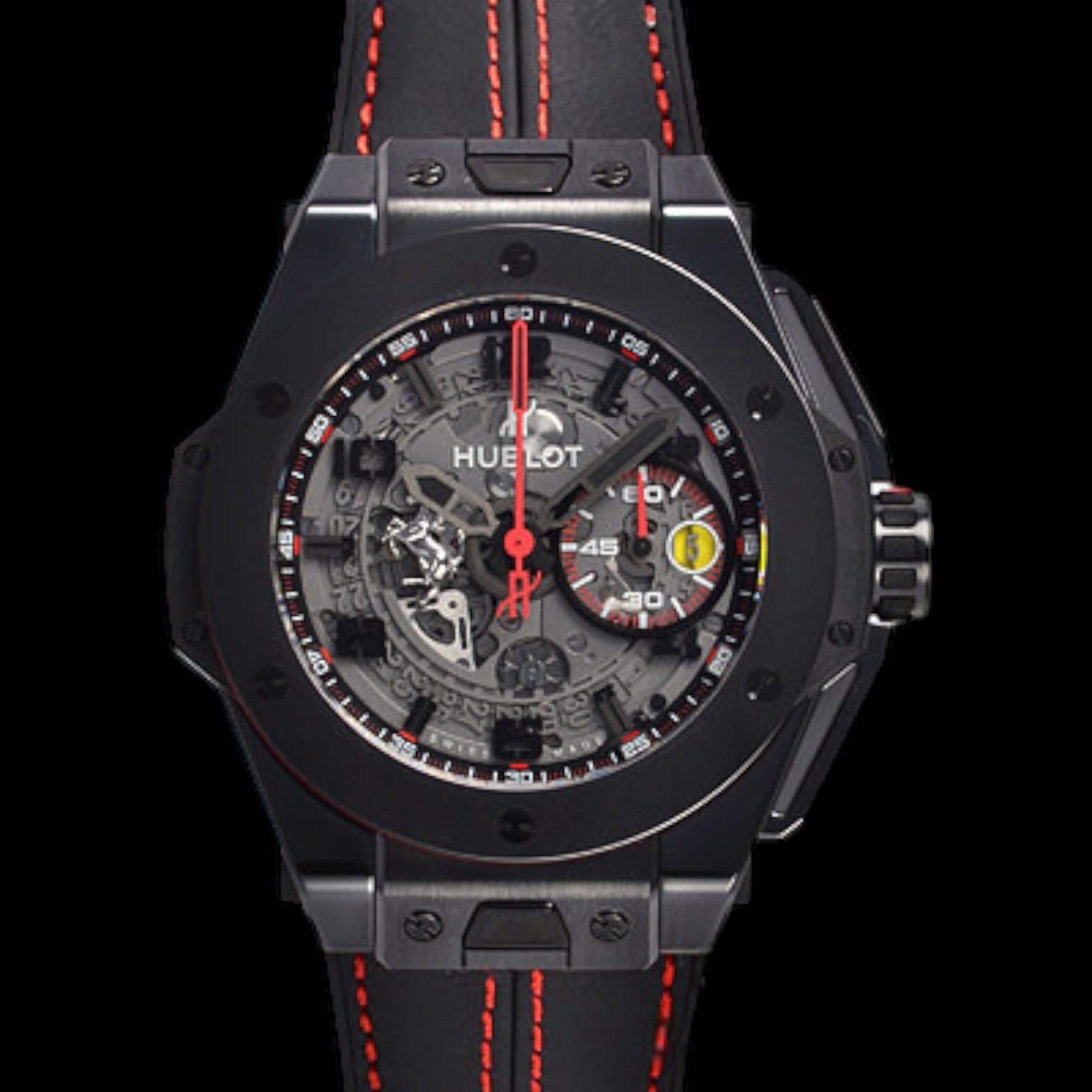 Big Bang Unico Ferrari Skeleton Red Arabic Black Ceramic Case Leather 45mm