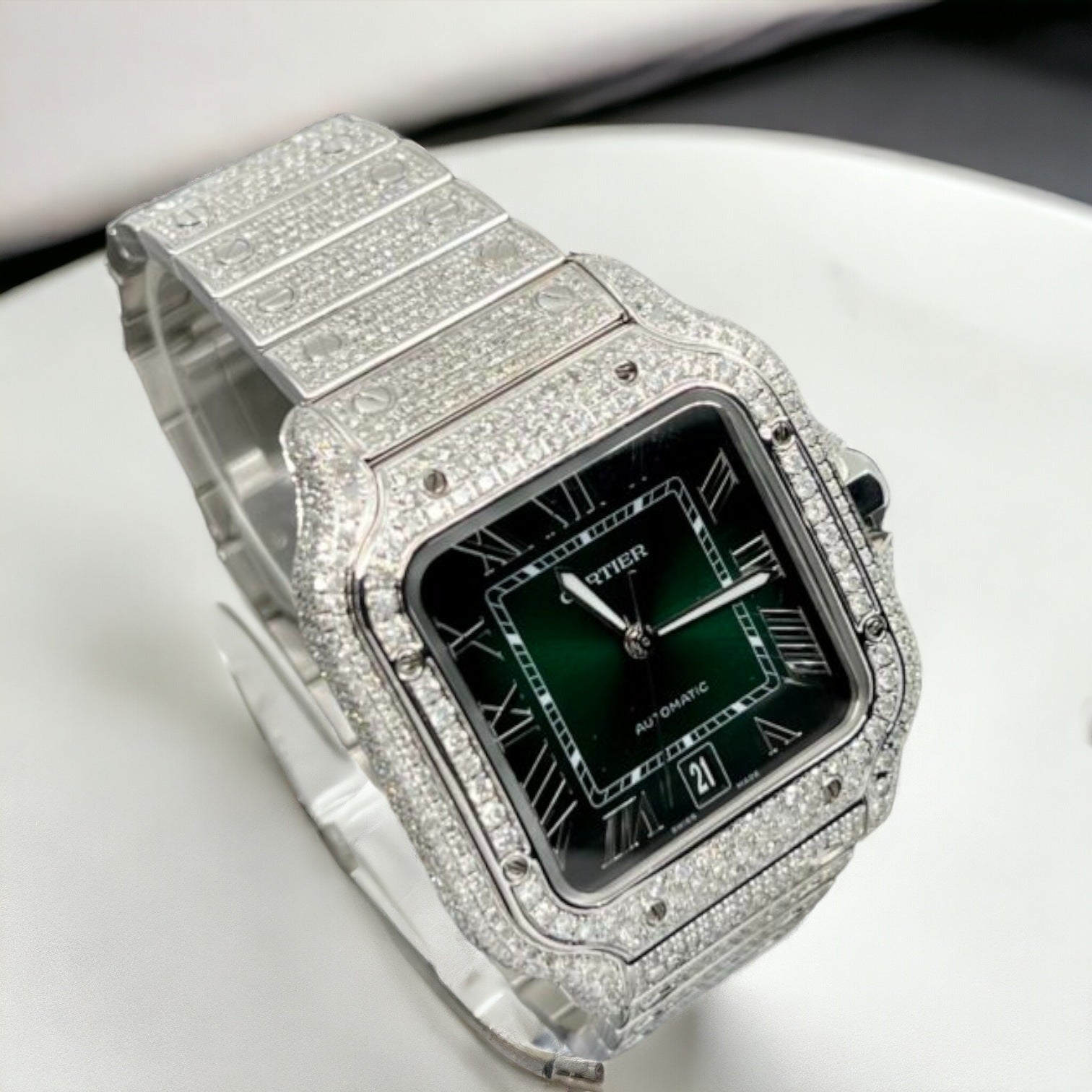 Cartier Santos De Cartier Iced Out Diamond – römischgrünes Zifferblatt