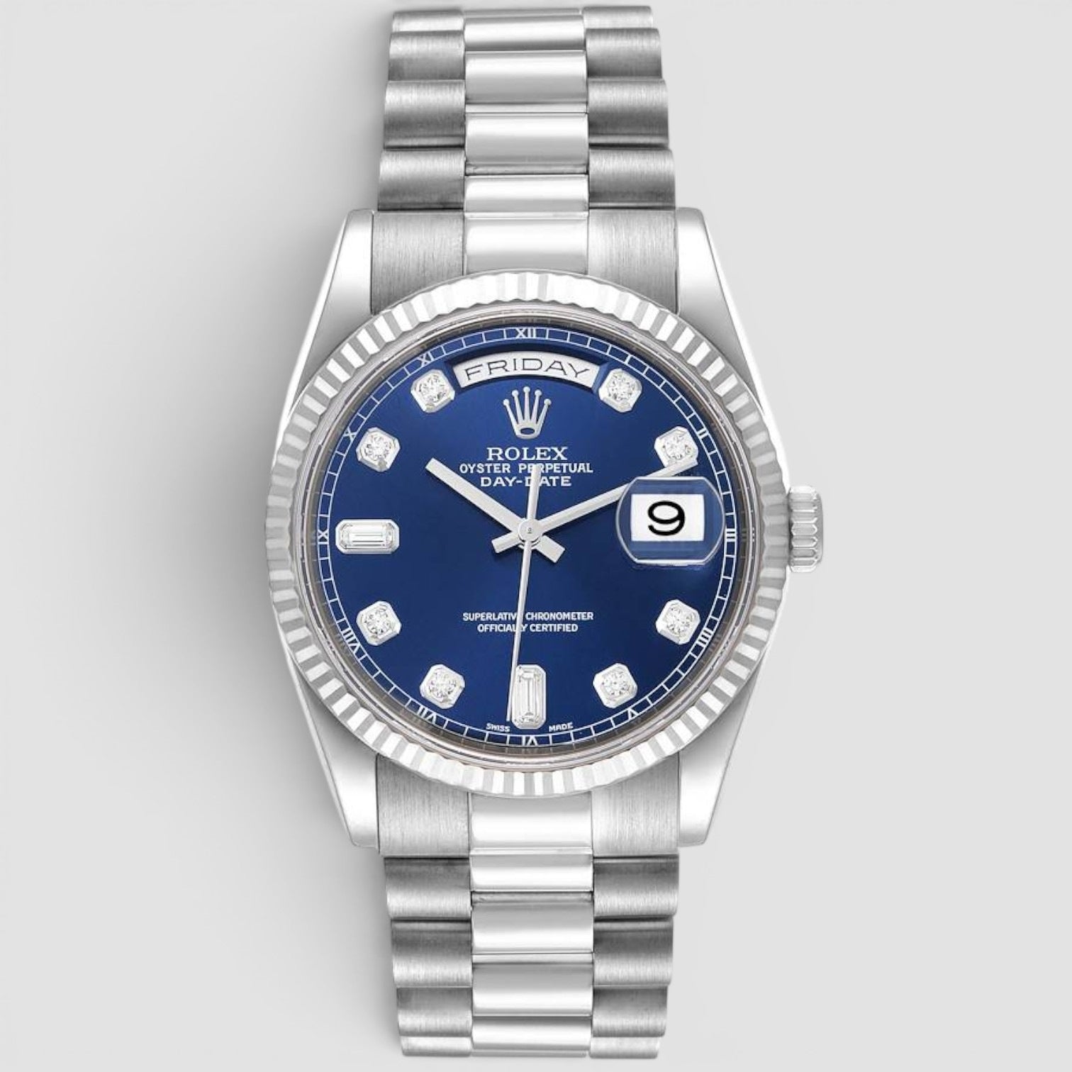 President Day-Date White Gold Blue Diamond Dial Mens Watch