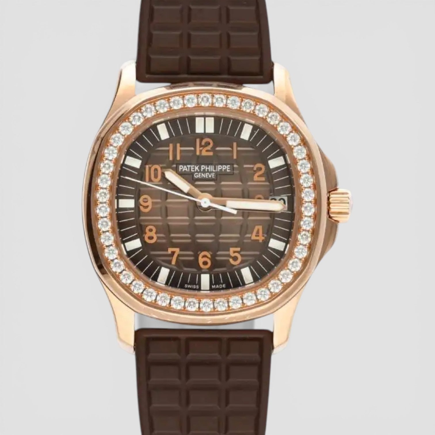 Aquanaut Ladies Embossed Brown Arabic Diamond Bezel Rose Gold