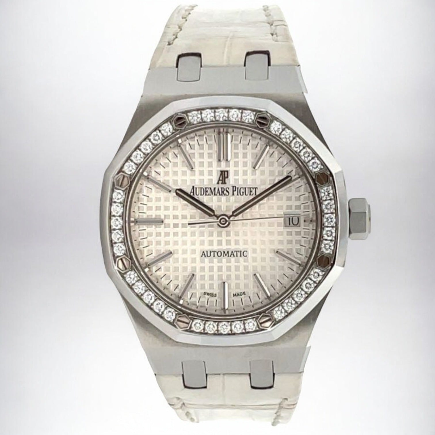 Royal Oak 37mm in Steel with Diamond Bezel on White Leather Strap with Silver Dial
