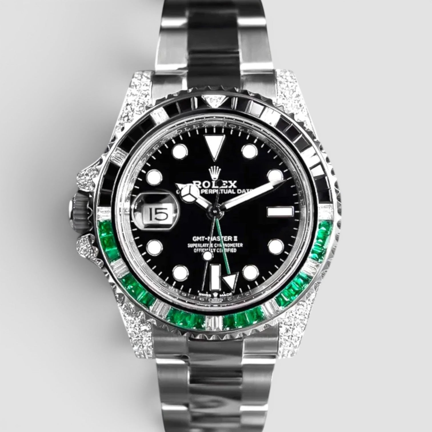 GMT-Master II Custom Diamond-Set with Green/Black Gemstone Iced Out