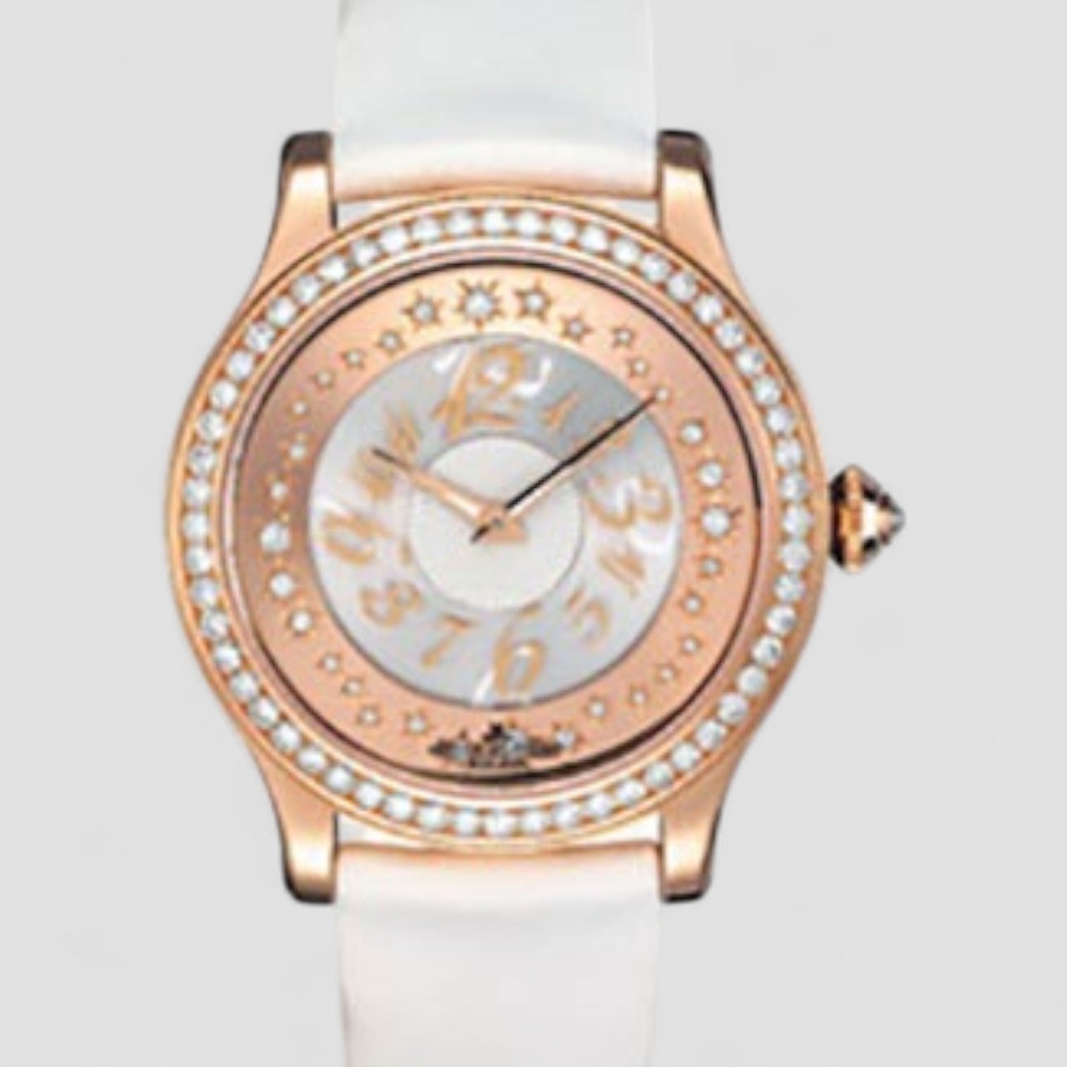 Master Control Twinkling Diamonds Champagne Dial 18kt Pink Gold White Leather Ladies Watch