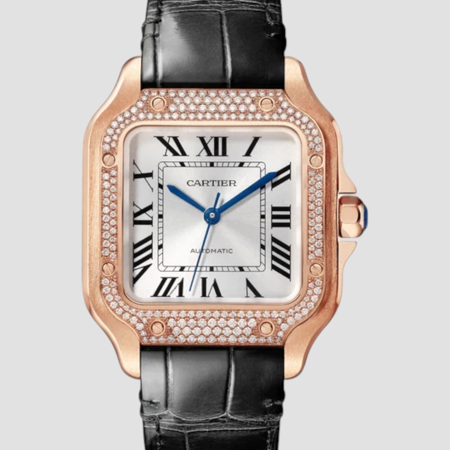Santos De Cartier Automatic Medium 18k Rose Gold Diamond Bezel