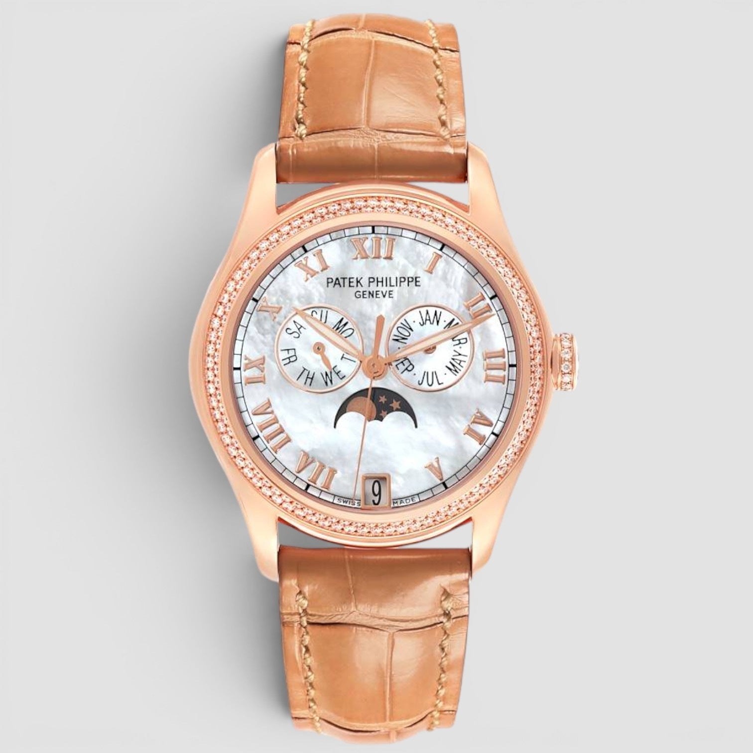 Annual Calendar Complications 37mm Rose Gold Diamond Mother of Pearl Dial
