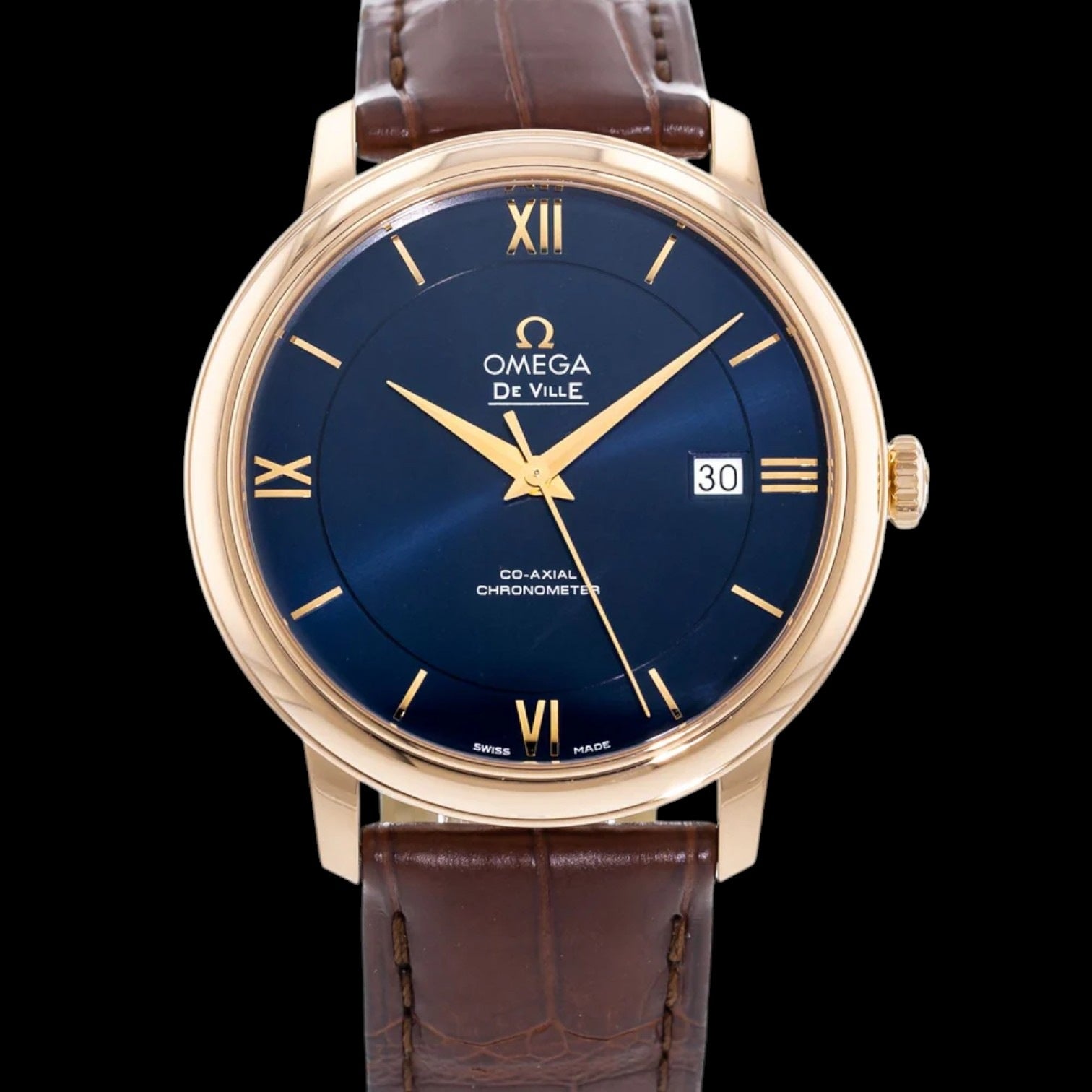 De Ville Prestige Co-axial Red Gold on Leather Strap