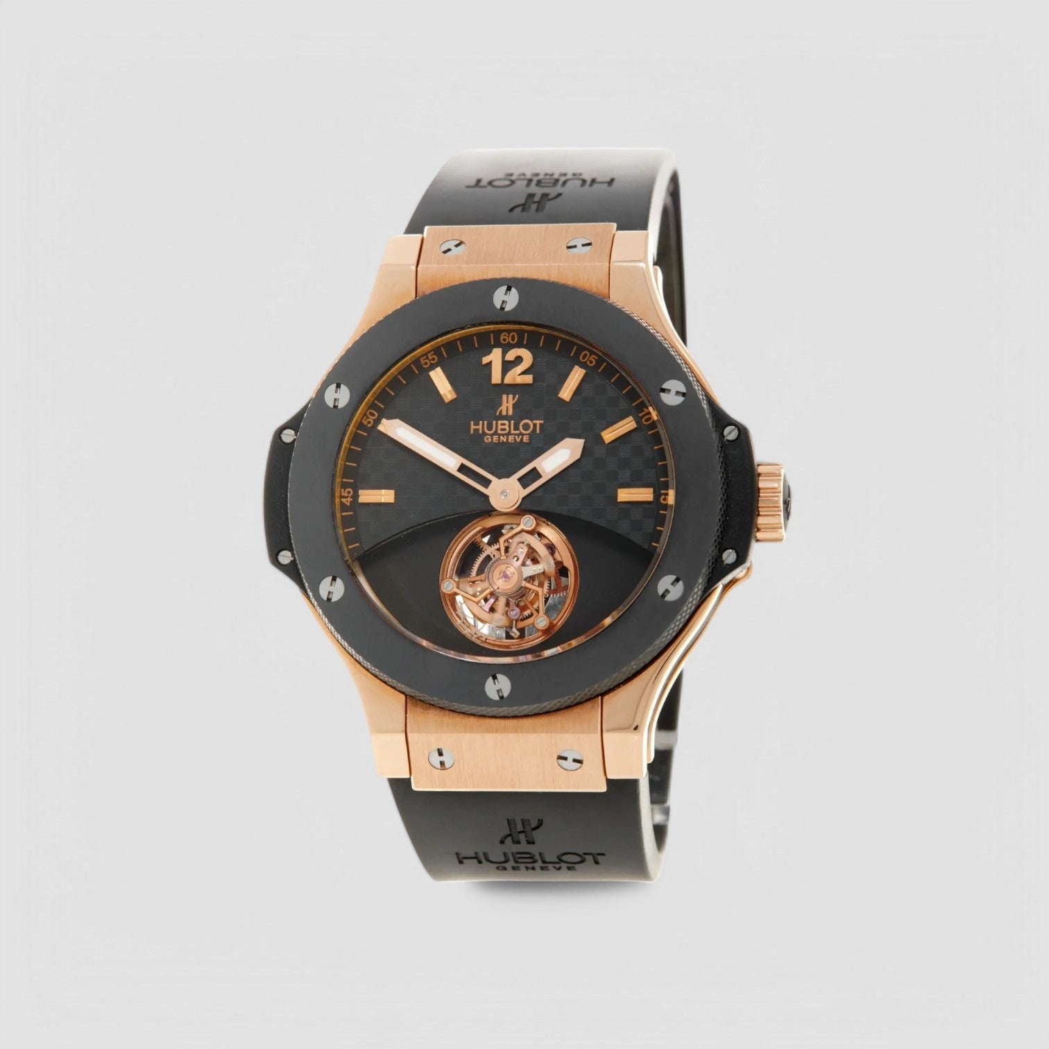 Tourbillon Solo Bang Black Carbon Fiber Dial 18kt Rose Gold Black Rubber Men's Watch