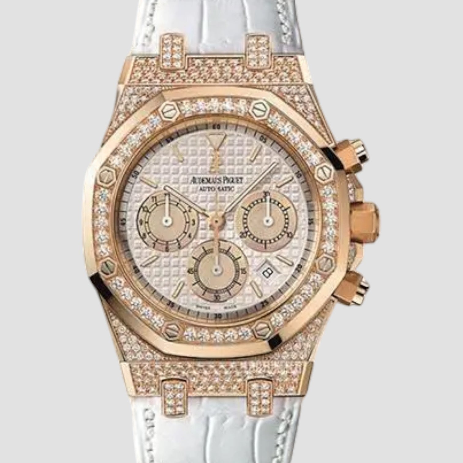 Royal Oak White Dial 18k Rose Gold Automatic Ladies Watch