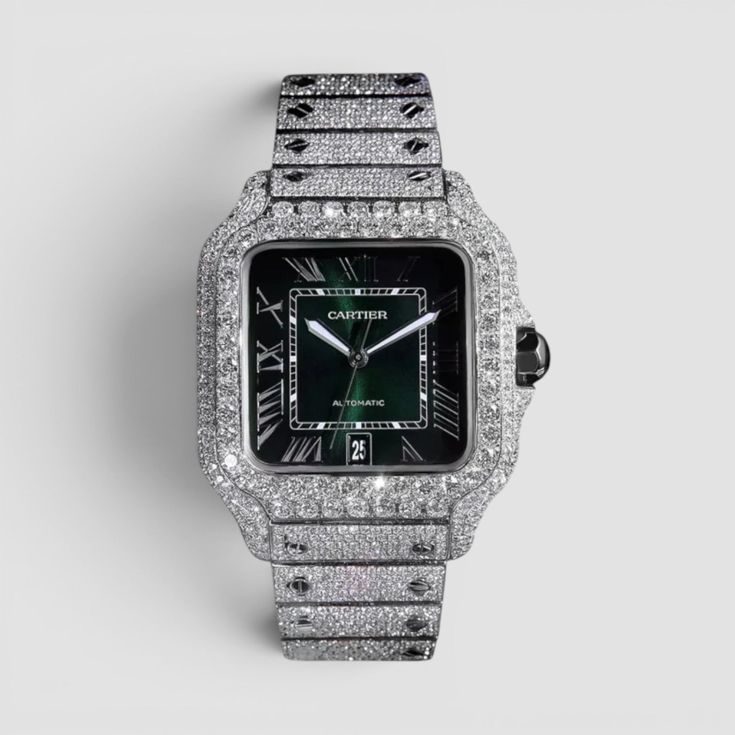 Santos Large – Steel – Custom Diamond-Set with Green Dial Iced Out