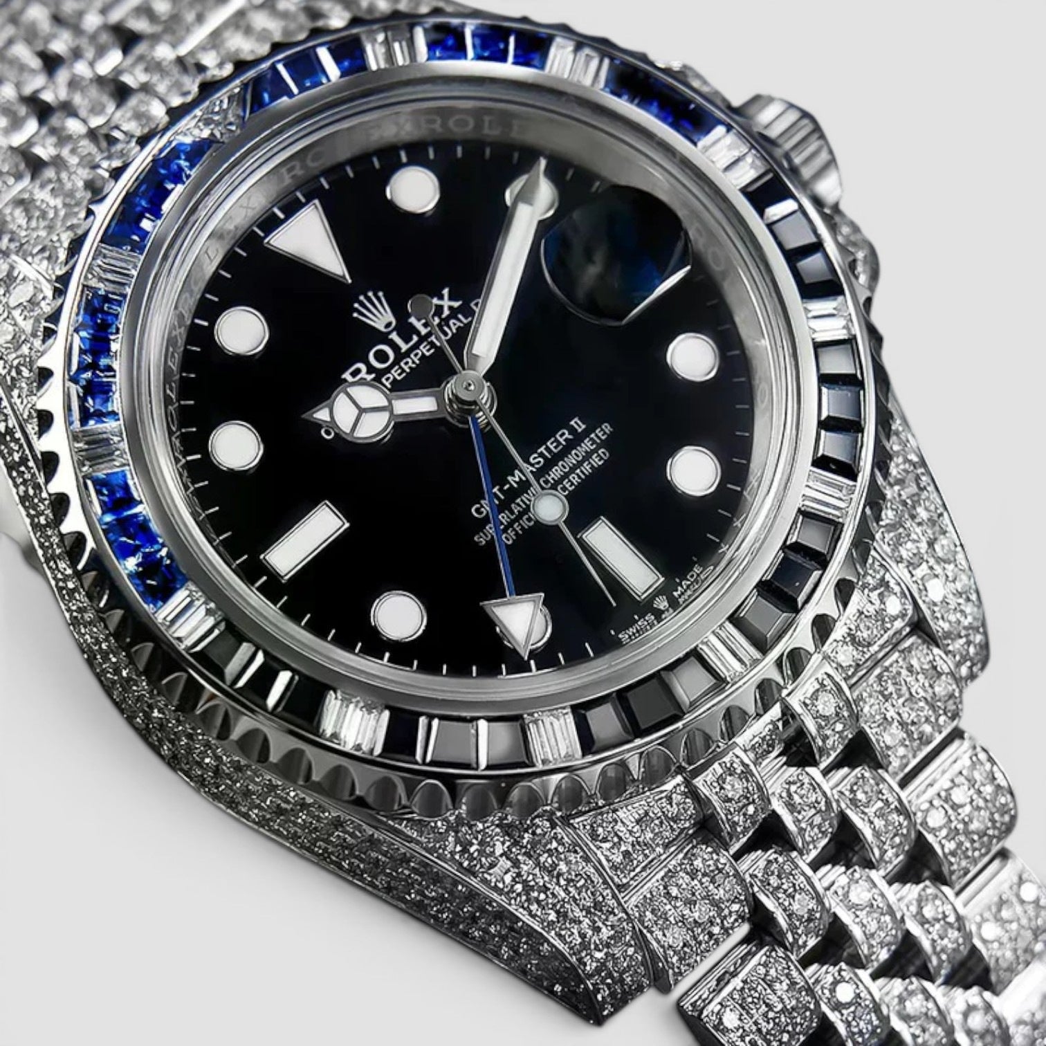 GMT-Master II Custom Diamond-Set with Blue/Black Gemstone bezel Iced Out