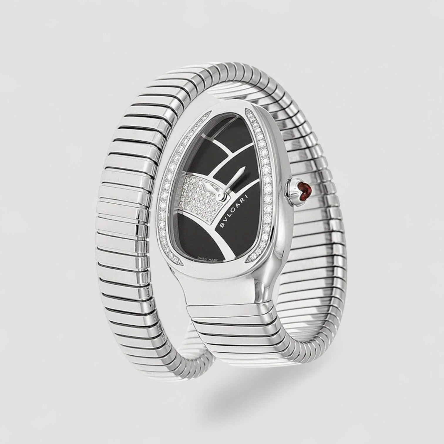 Serpenti Black Dial Stainless Steel Diamond Ladies Watch