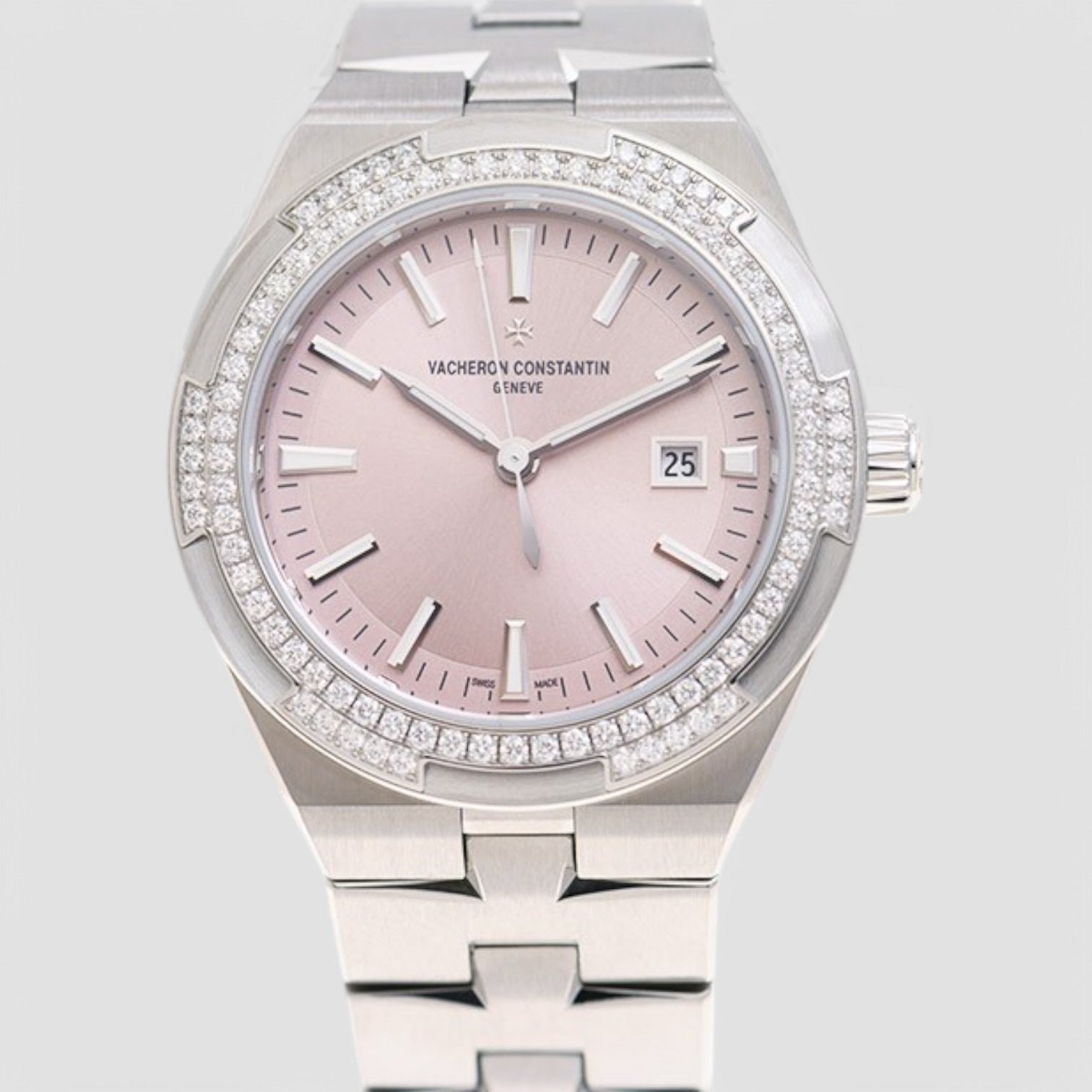 Overseas Self-Winding Steel Pink Dial Diamond Bezel