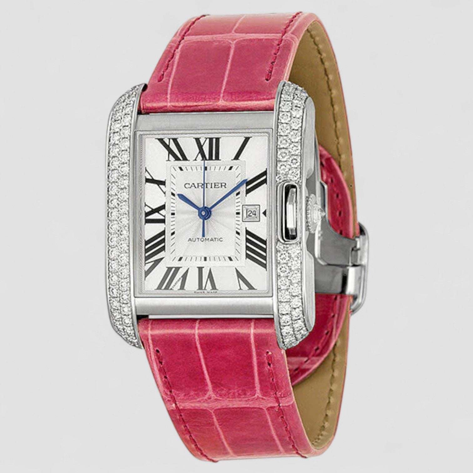 Tank Anglaise Large 18k White Gold Diamond Bezel Pink Leather Watch