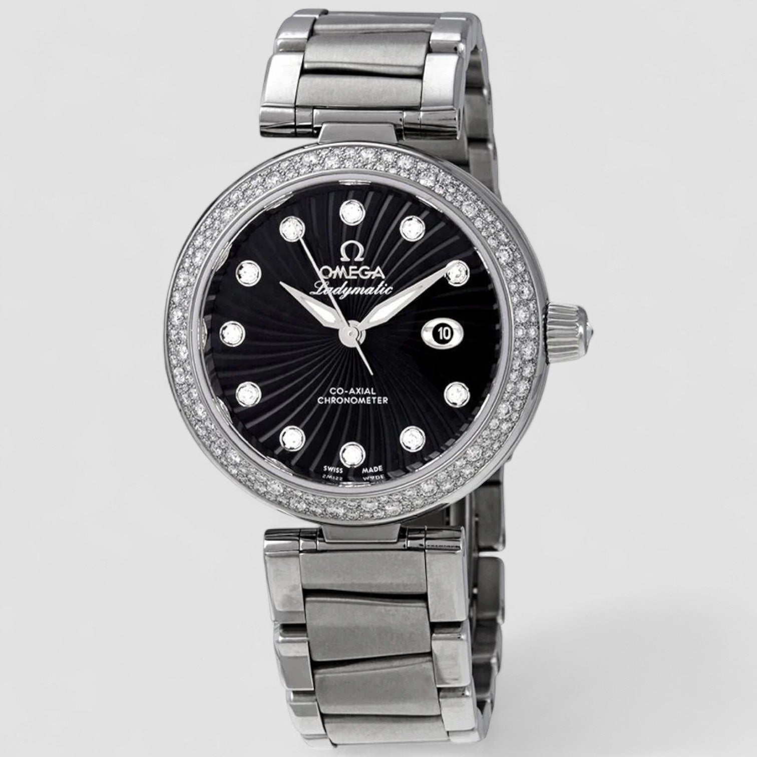 Deville Black Wave-patterned Diamond Dial Automatic Ladies Watch