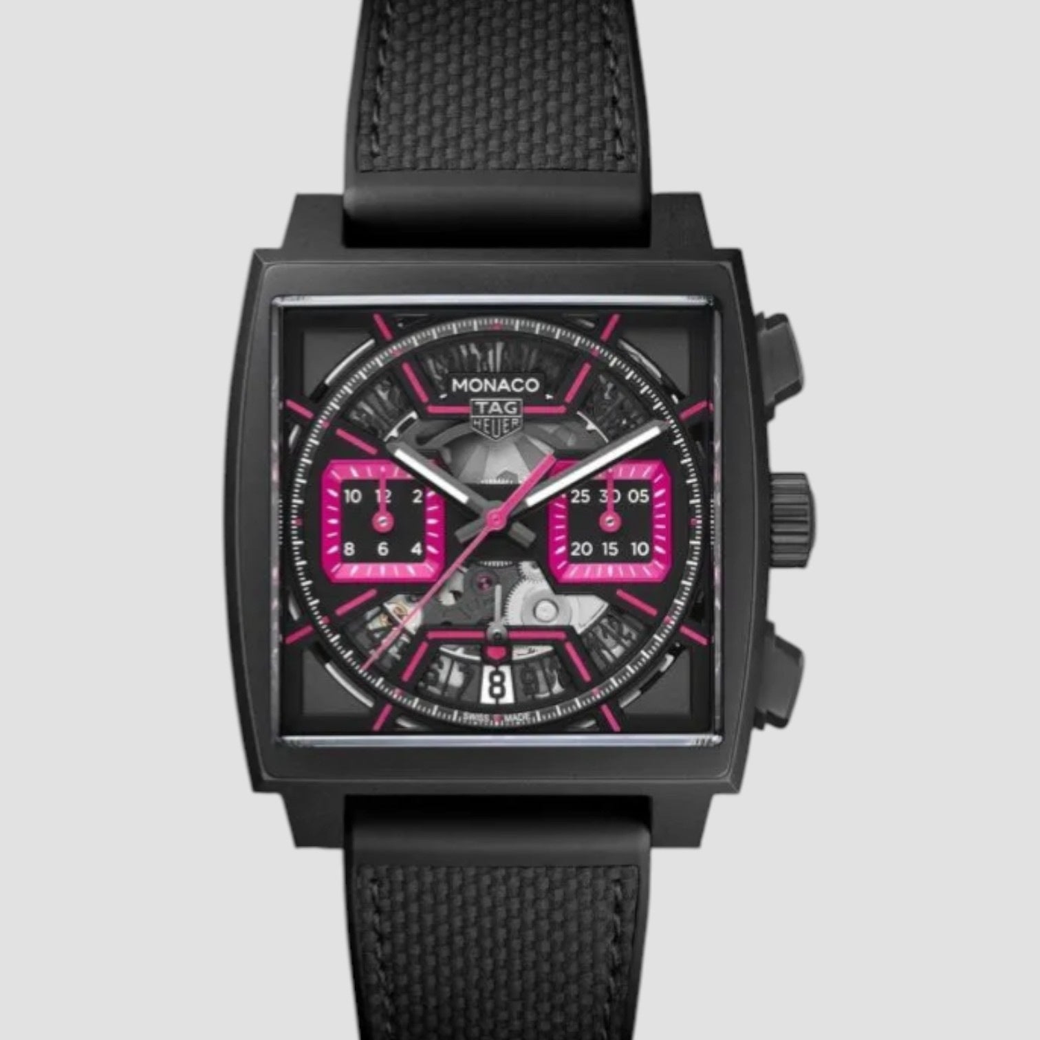 Monaco Chronograph Automatic Black Skeleton Dial Rubber Strap Men's Watch