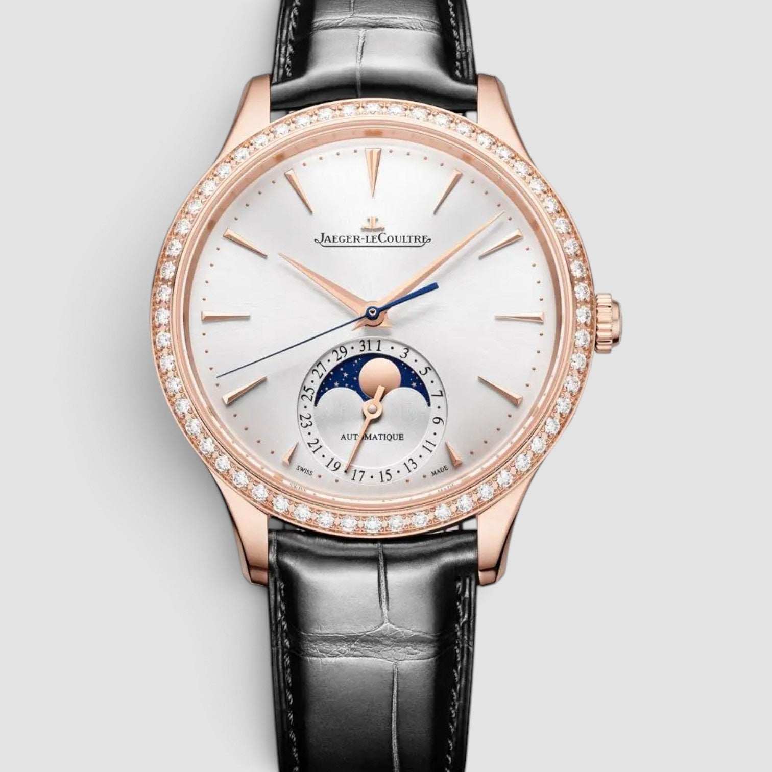 Master Ultra Thin Moon 36mm Rose Gold Silver Dial Diamond Bezel