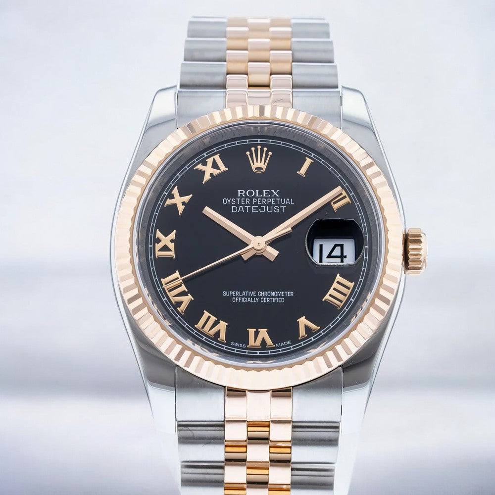 Datejust 36mm Everose Gold & Steel Black Roman Dial and Fluted Bezel